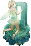  ayako_(sizukani) back bad_id bad_pixiv_id bare_legs bare_shoulders barefoot blonde_hair blue_eyes fairy fairy_wings faux_figurine feet fish kneeling looking_back original partially_submerged pointy_ears see-through skirt solo stone twintails water white_skirt wings 