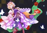  blonde_hair bow breasts bug butterfly checkered checkered_background dress fan fish flower folding_fan frills garters hair_bow hat insect lace large_breasts light_smile long_hair purple_eyes ribbon solo thighhighs touhou watase_rei yakumo_yukari 