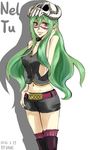  bad_id bad_pixiv_id belt bleach breasts brown_eyes casual character_name cleavage dated facial_mark green_hair helmet long_hair medium_breasts midriff navel nelliel_tu_odelschwanck short_shorts shorts skull thighhighs vane_(zaguosuibing) 