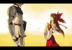  1girl armor ascot bow brown_hair buront crossover detached_sleeves elf elvaan fate/stay_night fate_(series) final_fantasy final_fantasy_xi hair_bow hakurei_reimu height_difference letterboxed long_hair looking_up parody pointy_ears shield short_hair silver_hair sisamo the_iron_of_yin_and_yang touhou 
