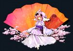  chagu cherry_blossoms fan folding_fan ghost hat highres japanese_clothes mountain pink_eyes pink_hair saigyouji_yuyuko solo touhou 
