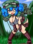  alternate_costume backpack bag bent_over blue_eyes blue_hair boots breasts cleavage covered_nipples gloves goggles goggles_on_head hair_bobbles hair_ornament hat kawashiro_nitori large_breasts okiraku_nikku one_eye_closed short_hair solo touhou two_side_up 