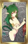  armlet ass bandaid bandaids_on_nipples blush breasts card_(medium) choker collarbone cropped_jacket cropped_legs green_hair horns long_hair looking_at_viewer navel nude pasties pixiv_fantasia pixiv_fantasia_5 pointy_ears red_eyes ryuuzaki_ichi small_breasts solo tail 