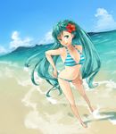  adjusting_clothes adjusting_swimsuit aqua_eyes aqua_hair bad_id bad_pixiv_id beach bikini day dutch_angle flower hair_flower hair_ornament hatsune_miku hibiscus long_hair obachin outdoors solo striped striped_bikini swimsuit twintails very_long_hair vocaloid 