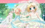  :d blonde_hair blue_eyes bouquet church dress flower garter_belt garters highres kagura_aya open_mouth panties pantyshot ribbon se.kirara short_hair smile solo tree underwear veil wallpaper wedding_dress 