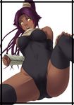  bare_shoulders black_legwear bleach blush border breasts cameltoe hand_on_own_knee large_breasts legs leotard long_hair looking_down open_mouth ponytail purple_hair scarf shihouin_yoruichi simple_background solo spread_legs sweatdrop thick_thighs thighhighs thighs thor_(deep_rising) yellow_eyes 