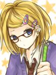  bad_id bad_pixiv_id blonde_hair blue_eyes ear_piercing earrings glasses hair_ornament hairclip jewelry kagamine_rin necktie noko_(38nc) piercing short_hair sketch solo star star_earrings sweater vocaloid 