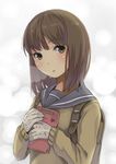  ataru_(ataru_squall) bag bangs blush brown_eyes brown_hair commentary_request eyebrows_visible_through_hair gloves heart long_sleeves looking_at_viewer original school_uniform serafuku short_hair solo valentine 