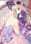 absurdres bare_legs blonde_hair boots breasts brooch cleavage flat_chest frills gloves gosick green_eyes hat highres jewelry legs lolita_fashion long_hair looking_at_viewer medium_breasts petticoat pipe solo tatekawa_mako thighs victorica_de_blois 