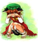  animal_ears between_legs bloomers brown_hair cat_ears cat_tail chen crying crying_with_eyes_open earrings hat jewelry multiple_tails nugaa short_hair solo tail tail_between_legs tears touhou underwear 
