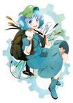  backpack bag blue_eyes blue_hair hair_bobbles hair_ornament hand_drill hat highres kawashiro_nitori key kyachi screwdriver seigaiha short_hair sleeves_rolled_up solo touhou two_side_up wrench 