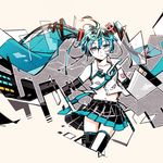  aqua_eyes aqua_hair detached_sleeves hatsune_miku headphones kawazu long_hair necktie solo thighhighs twintails vocaloid 