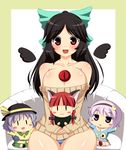  :3 alternate_costume animal_ears arms_up bad_id bad_pixiv_id bare_shoulders black_hair blush blush_stickers bow braid breasts cat_ears chibi cleavage curvy extra_ears hair_bow hairband hat heart huge_breasts kaenbyou_rin komeiji_koishi komeiji_satori kyokutou_hentai_samurai large_bow long_hair multiple_girls open_mouth panties pantyshot pantyshot_(sitting) pointy_ears purple_eyes purple_hair red_eyes red_hair reiuji_utsuho short_hair sitting striped striped_panties sweater third_eye touhou twin_braids underwear wide_hips wings |_| 