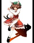  animal_ears binary bloomers brown_hair cat_ears cat_tail chen earrings fingernails hat highres jewelry long_fingernails miranko multiple_tails pillarboxed short_hair solo tail touhou underwear 