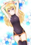  alternate_hairstyle armpits arms_behind_head arms_up bad_id bad_pixiv_id bangs banned_artist bare_shoulders black_legwear blonde_hair blush charlotte_dunois covered_navel cowboy_shot crossed_arms dutch_angle from_above hair_between_eyes hair_down halterneck hex_grid infinite_stratos leotard light_smile long_hair looking_at_viewer mirai_(macharge) outline pilot_suit purple_eyes smile solo thigh_gap thighhighs turtleneck 