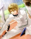  artist_request blonde_hair brown_hair dutch_angle expressionless male_focus miyaji_ryunosuke official_art shoes sitting sneakers solo starry_sky_(game) track_suit yellow_eyes 