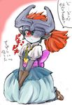  :&lt; agitha agitha_(cosplay) blush cosplay dress embarrassed gloves heart helmet imp jewelry kneeling midna mizone necklace pendant pointy_ears ponytail red_eyes solo the_legend_of_zelda the_legend_of_zelda:_twilight_princess translated v_arms 