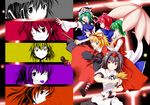  :p akanbe book chaigidhiell fan highres kazami_yuuka medicine_melancholy multiple_girls one_eye_closed onozuka_komachi open_mouth phantasmagoria_of_flower_view shameimaru_aya shiki_eiki smile tongue tongue_out touhou umbrella 