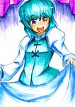  blue_eyes blue_hair eyebrows heterochromia highres open_mouth red_eyes short_hair skirt skirt_lift solo sonjow4 tatara_kogasa thick_eyebrows tongue touhou traditional_media 