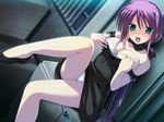  blush game_cg green_eyes pantyhose purple_hair rei_(character) soushinjutsu_rei yukirin 