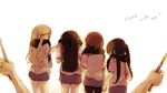  akiyama_mio bad_id bad_pixiv_id black_hair blonde_hair brown_hair drumsticks hirasawa_yui holding_hands k-on! kotobuki_tsumugi long_hair multiple_girls nakano_azusa out_of_frame pantyhose pov pov_hands scarf short_hair simple_background sunlight tainaka_ritsu tutateki twintails 