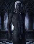  1boy abs black_skin blue_eyes chest dark_elf drow elf flaccid highres jewelry male male_focus muscle necklace nude pecs penis pointy_ears solo white_hair 