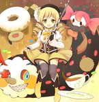  bad_id bad_pixiv_id beret black_tea blonde_hair boots breasts charlotte_(madoka_magica) checkerboard_cookie cookie corset cup detached_sleeves doughnut drill_hair food gun hair_ornament hat izumi39 jam_cookie magical_girl magical_musket mahou_shoujo_madoka_magica medium_breasts open_mouth plate saucer skirt skirt_hold smile solo striped striped_legwear tea teacup thighhighs tomoe_mami twin_drills twintails vertical-striped_legwear vertical_stripes weapon yellow_eyes 