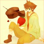  bad_id bad_pixiv_id blue_eyes border brown_hair food fruit kingdom_hearts male_focus mouth_hold red_border sana423 sitting solo sora_(kingdom_hearts) strawberry 