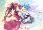  blue_eyes blue_hair blush cape gloves hug long_hair magical_girl mahou_shoujo_madoka_magica miki_sayaka mocha_(naturefour) multiple_girls ponytail red_eyes sakura_kyouko short_hair smile white_gloves 