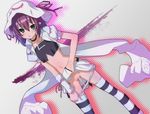  blush censored collar green_eyes hat merry_nightmare midriff navel open_mouth panties panty_pull purple_hair pussy_juice short_hair solo standing striped striped_legwear thighhighs underwear yada_ei yumekui_merry 