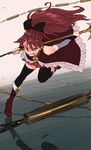  bare_shoulders black_legwear boots bow chain detached_sleeves food hair_bow high_ponytail kyuugou_(ninekoks) long_hair magical_girl mahou_shoujo_madoka_magica mouth_hold pocky polearm ponytail red_eyes red_hair ribbon sakura_kyouko skirt smile solo spear thighhighs weapon 