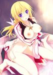  :o arm_support bad_id bad_pixiv_id blonde_hair bottomless breast_hold breasts charlotte_dunois infinite_stratos jewelry long_hair medium_breasts necklace nipples open_mouth pendant ponytail purple_eyes sitting solo wariza yudesoba 