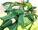  aircraft airplane august1st china green_eyes green_hair hair_ornament hair_ribbon head_wings highres j-20 jet long_hair mecha_musume military original outstretched_arm reaching ribbon solo star twintails zephyr164 