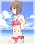  beach bikini blush bob_cut brown_eyes brown_hair front-tie_top hagiwara_yukiho idolmaster idolmaster_(classic) navel puton short_hair side-tie_bikini solo swimsuit 