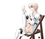  blonde_hair blue_eyes chair crying crying_with_eyes_open dress letter original reading ribbon sitting solo tears tebukuro thighhighs white_legwear 