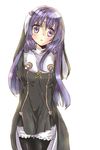  bad_id bad_pixiv_id blush fractale long_hair pantyhose phryne priest purple_eyes purple_hair solo tomi_yamo 