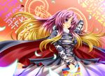  archienemy breasts gradient_hair highres hijiri_byakuren large_breasts long_hair multicolored_hair petals purple_eyes scroll smile solo sorcerer's_sutra_scroll touhou 