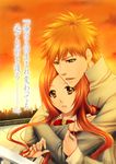  bleach hug inoue_orihime kurosaki_ichigo mimiangelo orange_hair translation_request 