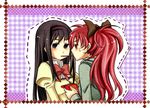  akemi_homura blush charlieinoni food long_hair mahou_shoujo_madoka_magica mitakihara_school_uniform multiple_girls pocky pocky_kiss ponytail red_eyes red_hair sakura_kyouko school_uniform shared_food yuri 