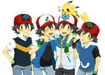  4boys baseball_cap black_hair brown_eyes child hat male male_focus multiple_boys multiple_persona pikachu pokemon satoshi_(pokemon) time_paradox 