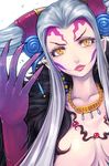  breasts cleavage dissidia_final_fantasy earrings elf facial_mark final_fantasy final_fantasy_viii jewelry large_breasts lips lipstick long_hair mahito makeup necklace pointy_ears silver_hair slit_pupils solo ultimecia yellow_eyes 