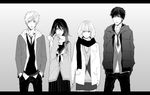  2boys 2girls black_hair blonde_hair catha frown hands_in_pockets highres hitaki_azami jacket long_hair monochrome multiple_boys multiple_girls necktie original scarf school_uniform serafuku short_hair skirt vest 