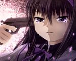  akemi_homura black_hair cocked_hammer colt_double_eagle engrish error gun gun_to_head hairband handgun holding holding_gun holding_weapon mahou_shoujo_madoka_magica pistol purple_eyes ranguage solo suicide tears typo weapon yasutake 