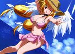  ;d absurdres artist_request astraea bikini blonde_hair breasts cleavage collar finger_gun hat highres large_breasts long_hair navel one_eye_closed open_mouth pink_sarong pointing red_eyes sarong smile solo sora_no_otoshimono straw_hat swimsuit twintails very_long_hair wings 