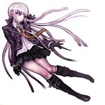  absurdres boots braid danganronpa danganronpa_1 gloves highres jacket kirigiri_kyouko knee_boots komatsuzaki_rui long_hair necktie official_art pleated_skirt purple_eyes purple_hair scan single_braid skirt solo zipper 