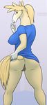  anus blonde_hair bottomless breasts butt clothed clothing equine eyewear female glasses hair half-dressed horse looking_at_viewer looking_back looking_over_shoulder mammal nipples ponytail presenting presenting_hindquarters pussy raised_tail ritts solo tail tail_grab 
