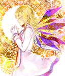  blonde_hair closed_eyes collet_brunel gloves hands_clasped long_hair own_hands_together praying solo tales_of_(series) tales_of_symphonia wings yellow_background yoi_(yutd) 