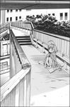  ahoge barefoot blanket blush bridge can chuya_kogino foreshortening greyscale highres last_order monochrome non-web_source official_art outdoors pedestrian_bridge perspective railing road sitting solo street to_aru_majutsu_no_index 