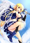 angel_wings astraea blonde_hair blush long_hair red_eyes shield skirt sora_no_otoshimono sword weapon wings 