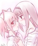  :3 akemi_homura bad_id bad_pixiv_id blush bow hair_bow hairband holding_hands imminent_kiss kaname_madoka kyubey long_hair mahou_shoujo_madoka_magica multiple_girls off_shoulder satogo short_hair twintails yuri 